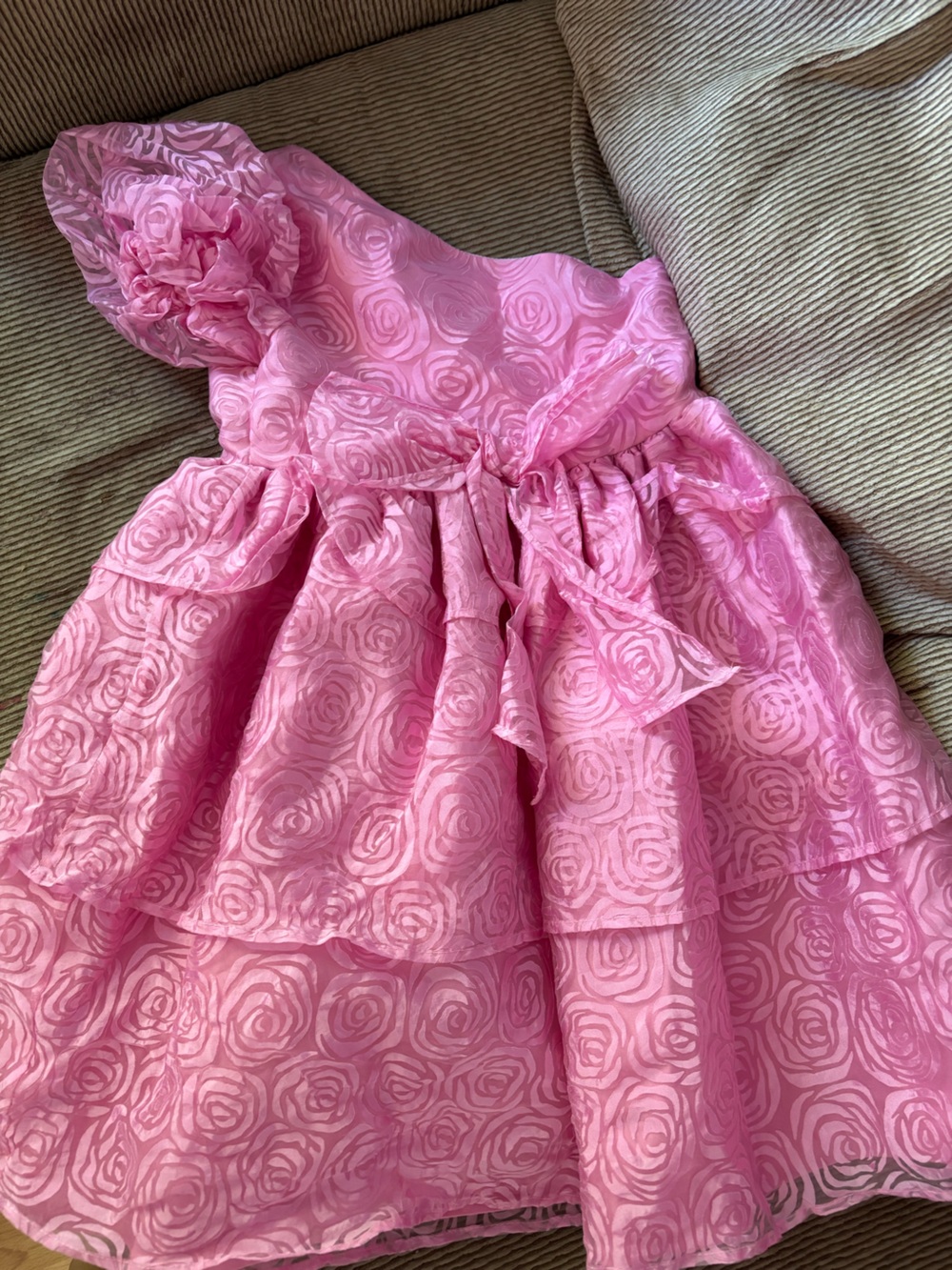 One-Shoulder Pink Rose Jacquard Party Dress for Girls